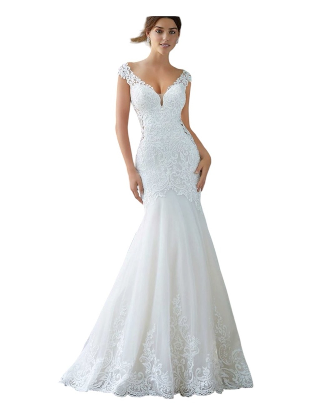 Mori Lee White Lace Mermaid Wedding Dress with Cap Sleeves